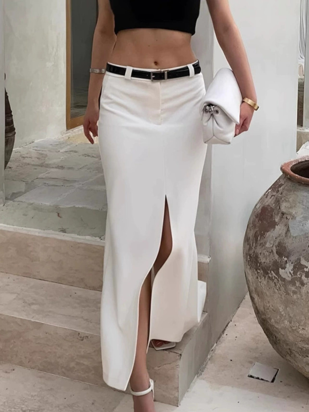 Forever 21 Office White Straight Suit Skirt Slit High Waist Slim Long Summer